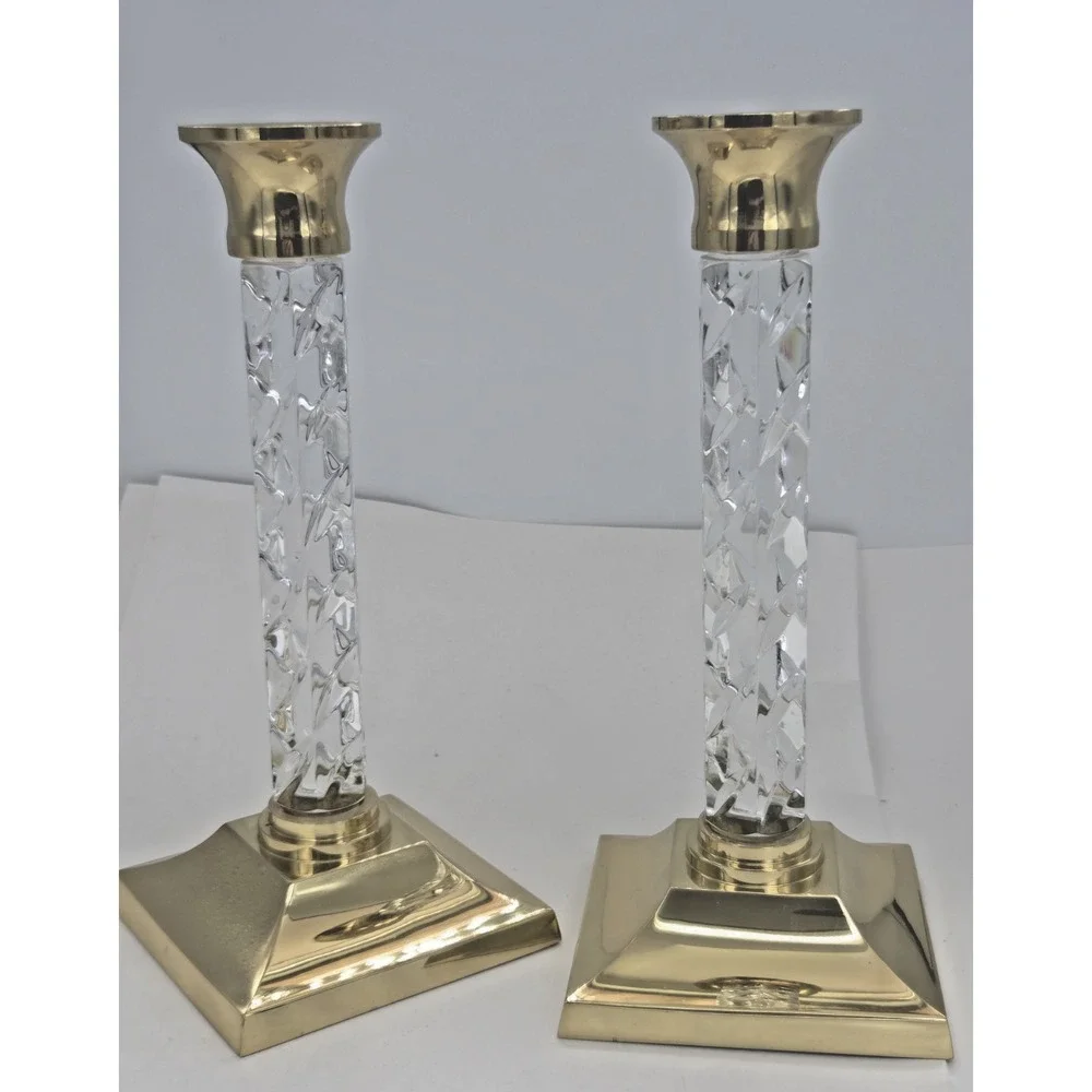 Waterford Crystal & Brass Cambridge Candle Holders Set Of Two 11-Inch
